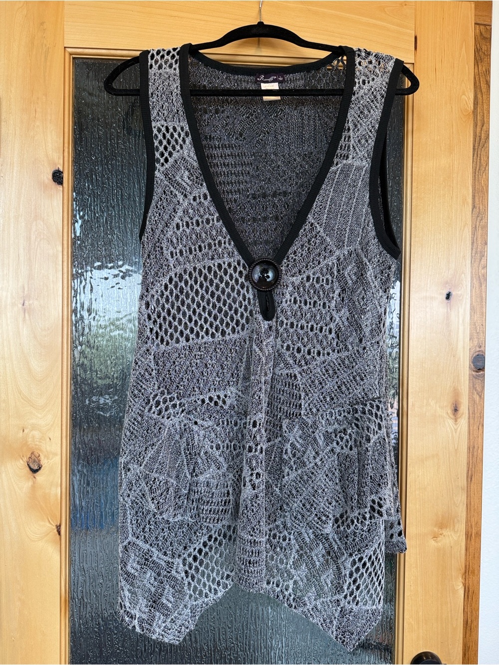 Sheer Open Crochet Vest with Black Trim